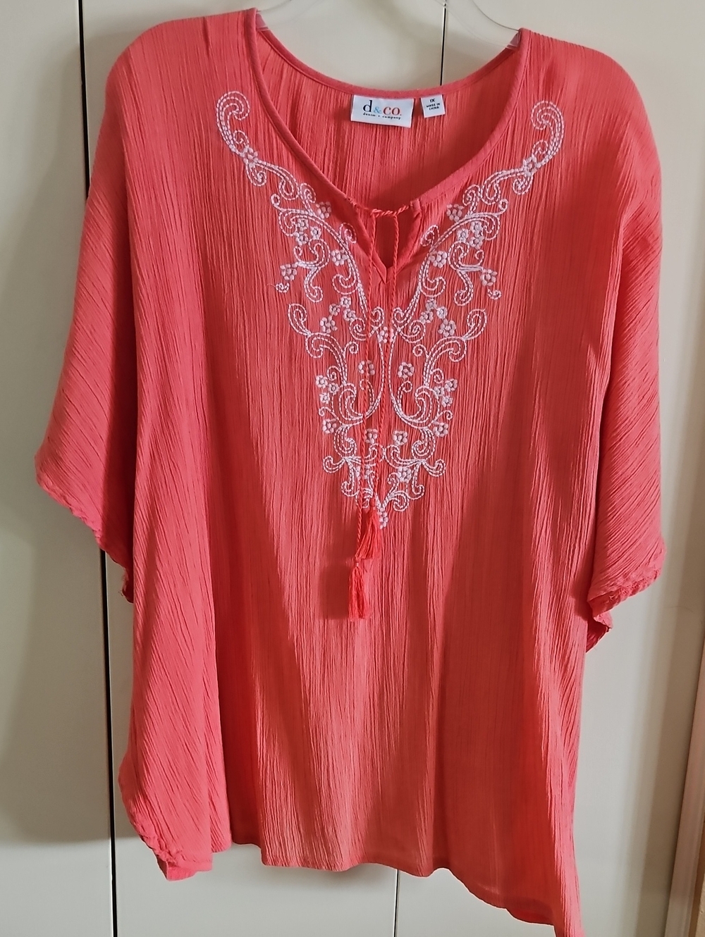 d.co Embroidered Coral Peasant Blouse